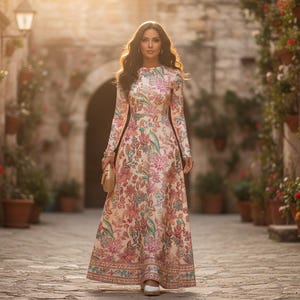 May include: A long-sleeved, floor-length dress with a floral pattern in pink, green, and blue hues. The dress features a high neckline and a fitted silhouette. The woman is carrying a small, woven clutch. The background is a cobblestone street.