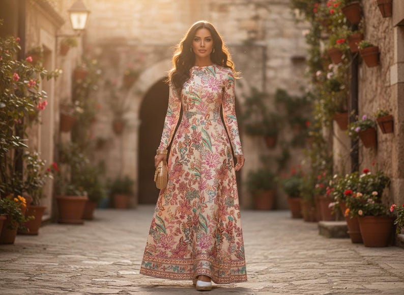 May include: A long-sleeved, floor-length dress with a floral pattern in pink, green, and blue hues. The dress features a high neckline and a fitted silhouette. The woman is carrying a small, woven clutch. The background is a cobblestone street.