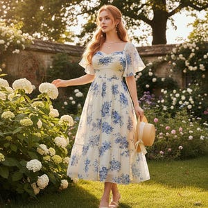 May include: A cream-colored dress with a blue floral pattern. The dress has short sleeves and a square neckline. A straw hat is held in the hand. The background features a garden with white flowers and a stone wall.