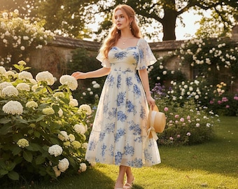 Plus Size Boho Midi Dress Floral Print Square Neck Ruffle Sleeve Elastic Waist Ruched Bust Flared Hem Summer Graduation Dress