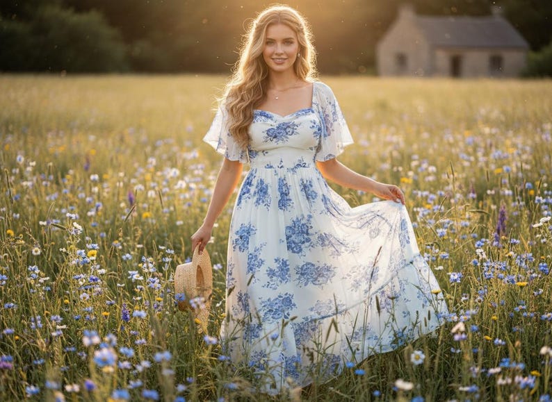 May include: A woman in a white dress with blue floral patterns stands in a field of wildflowers. The dress has short sleeves and a square neckline. She holds a straw hat. The background features a house and a golden sunset.