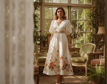 White Floral Print V Neck Puff Sleeve Midi Dress Elegant Ruched Wrap High Waist A Line Flared Wedding Vacation Party Dress