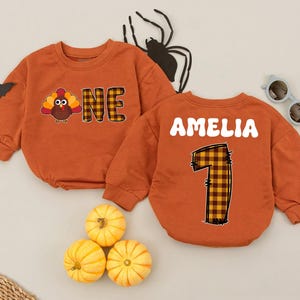 Custom Name One Little Turkey Baby Romper Sweatshirt, Turkey Day Baby Bodysuit, Little Turkey Baby Romper, First Thanksgiving Baby Romper