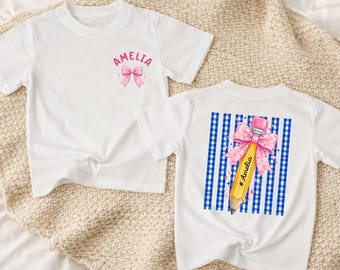 Personalized Pink Bow Cotton Kids Shirt, Custom Name Pencil Back to School Girl Tee