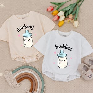 Drinking Buddies Funny Twins Bubble Romper, Gender Neutral Twins Babysuit, Best Friends Twin Baby Shower Gift,Twins Matching Baby Romper Set