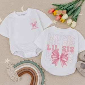 Personalized Name Little Sister Bubble Romper, Lil Sis Pink Bow Baby Romper, Custom Name Little Sis Babysuit, Little Sister Era Baby Romper