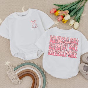 Personalized Birthday Girl Pink Bow Baby Romper, Custom Name 1st Birthday Outfit,Baby Girl Birthday Bodysuit,Cute Party Outfit for Baby Girl