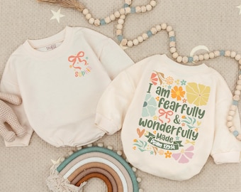 Personalized Name Fearfully and Wonderfully Made Christian Baby Romper, Christian Kids Shirt Baby Shower Gift, Flower Baby Girl Clothes