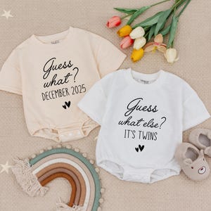 Personalized Twin Guess What Baby Romper, Funny Twin Babysuit, Funny Announcement Twin Bodysuit, Custom Twin Babysuit,  Cute Best Friend