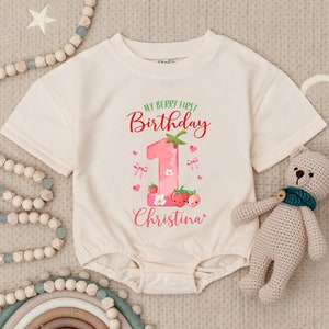 Personalized Berry First Birthday Baby Romper, Custom Berry 1st Birthday Outfit, Strawberry Bow Bubble Romper, Sweet One Berry