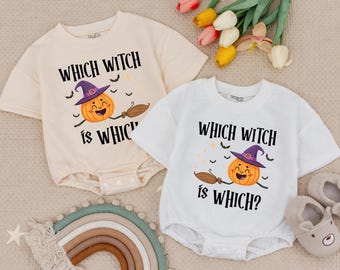 Which Witch is Which Halloween Baby Romper, Twin Witches Matching Baby Romper, First Halloween Twin Bubble Romper, Baby Halloween Costume