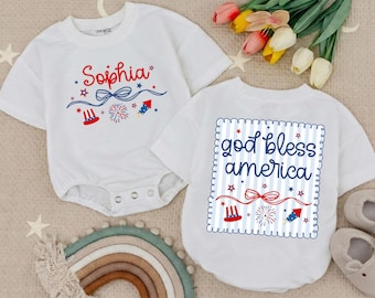 Personalized 4th of July Baby Girl Bubble Romper, God Bless America Patriotic Outfit, Custom Name First Independence Day Toddler Tee