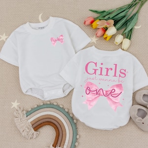 Custom Name Girls Just Wanna Be One Pink Bow Birthday Baby Romper, 1st Birthday Outfit for Girl,Personalized One Year Old Baby Girl Bodysuit