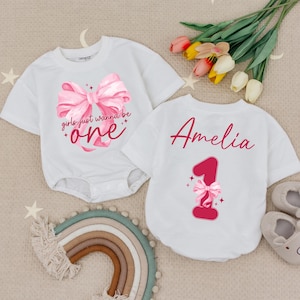 Girls Just Wanna be One Bodysuit for 1st Birthday Girl, Cute Pink Bows Baby Romper, Minimalist Pink Ribbon, One Year Old Bubble Romper