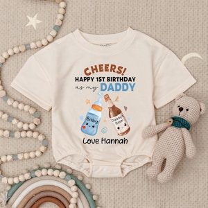 Personalized Cheers Baby Happy Birthday Daddy Baby Romper, 1st Birthday as My Daddy Baby Bodysuit, Custom Father&#39;s Day Baby, New Dad Gift