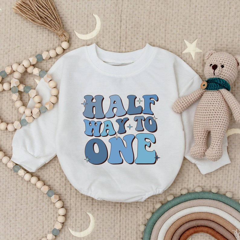 Half Way To One Birthday Romper, Birthday Bodysuit, 1/2 Way To One Birthday Outfit, Birthday Gift For Boy, Half Birthday For Boy image 2