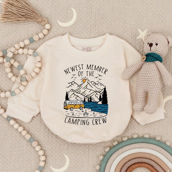 STAFAZ - Newest Member of the Camping Crew, One Happy Camper Romper,Adventure Baby Outfit, Travel Buddy Newborn Bodysuit