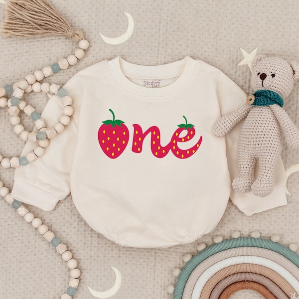 Strawberry Baby Romper, First Birthday Girl, Baby Girl Birthday Clothes, 1st Birthday Bodysuit, Bubble Romper, Sweatshirt Romper