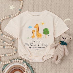Personalized First Mother&#39;s Day Giraffe Baby Romper, 1st Mother&#39;s Day Babysuit, Mother&#39;s Day Gift Idea, Natural Mother&#39;s Day Outfit for Baby