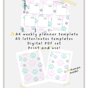 Pode incluir: Um conjunto de PDF digital contendo um modelo de planejador semanal A4 e modelos de cartas e notas A5. As páginas apresentam um padrão repetitivo de pegadas em roxo claro, rosa e turquesa. O texto inclui "WEEKLY PLANNER", "This planner belongs to", "Human made!" e "Print and use!".