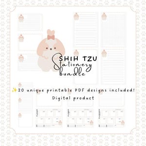 Pode incluir: Um pacote de papelaria digital com uma ilustração de um cão Shih Tzu. O conjunto inclui 20 designs PDF imprimíveis com layouts pautados, pontilhados e de planejador. Texto: SHIH TZU Stationery bundle, 20 unique printable PDF designs included! Digital product.