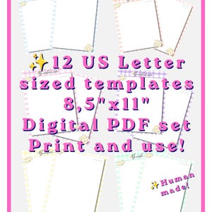 Pode incluir: Um conjunto de 12 modelos em formato carta dos EUA medindo 21,59 cm por 27,94 cm. Estes modelos PDF digitais apresentam várias bordas de xadrez vichy em tons pastel com pequenos detalhes florais. O texto diz 12 US Letter sized templates 8.5 inch x 11 inch Digital PDF set Print and use! Human made!