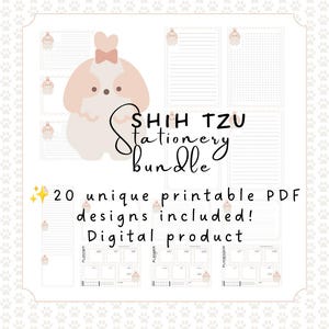 Pode incluir: Um conjunto de papelaria digital com uma ilustração de um Shih Tzu em estilo cartoon com um laço rosa. O conjunto inclui 20 designs PDF imprimíveis únicos com layouts pautados, pontilhados e de agenda. Texto: SHIH TZU Stationery bundle, 20 unique printable PDF designs included! Digital product.