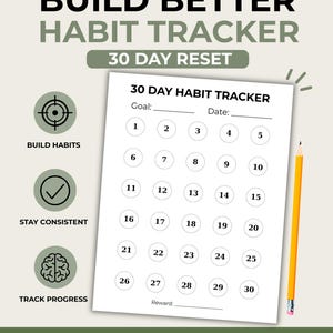 Op de afbeelding: Een witte 30-dagen gewoontetracker met een potlood. De tracker bevat cirkels met de nummers 1-30 voor dagelijkse tracking, met ruimte voor doelen en beloningen. Tekst bevat "Build Better Habit Tracker" en "30 Day Reset."