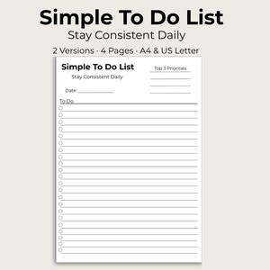 Semplice lista di cose da fare stampabile in PDF, agenda giornaliera minimale, organizzatore di attività, foglio di produttività, pianificatore di concentrazione, download immediato, formato A4 US Letter