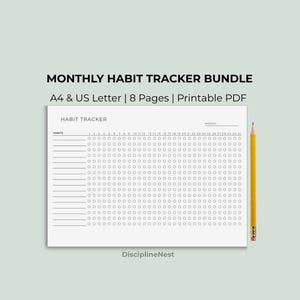 Puede incluir: Un rastreador de hábitos blanco con una cuadrícula de círculos para el seguimiento diario. El texto "MONTHLY HABIT TRACKER BUNDLE" está en la parte superior, junto con "A4 & US Letter | 8 Pages | Printable PDF." Un lápiz amarillo descansa al lado.