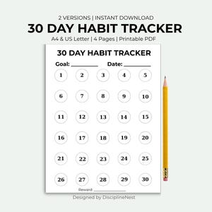 Puede incluir: Un rastreador de hábitos imprimible de 30 días sobre un fondo blanco. El rastreador incluye círculos numerados para cada día, un espacio para una meta y una fecha, y una sección de recompensa. Un lápiz amarillo está a la derecha.