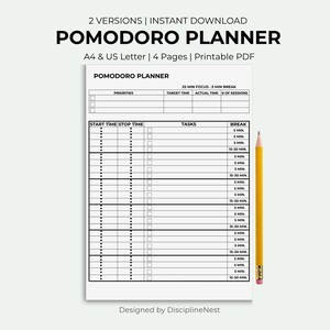 Puede incluir: Un planificador Pomodoro imprimible con fondo blanco. El planificador incluye secciones para prioridades, tareas y descansos. Un lápiz amarillo descansa en el lado derecho. El texto en el planificador dice "POMODORO PLANNER" y "25 MIN FOCUS - 5 MIN BREAK".