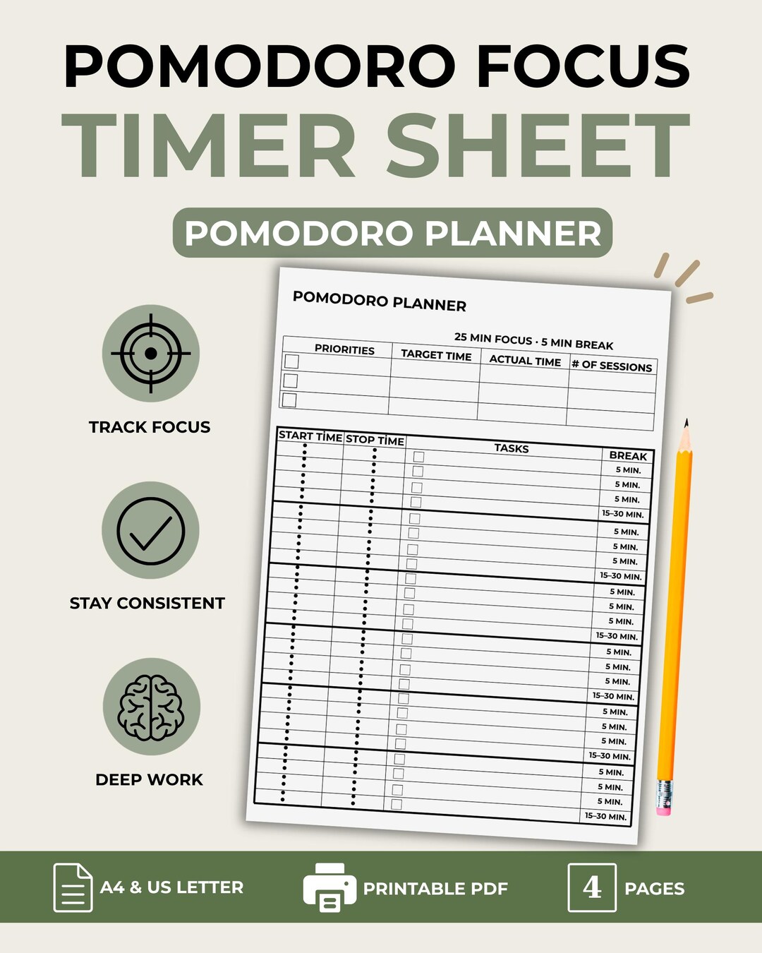 Pomodoro Timer Sheet Printable PDF, ADHD Focus Planner, Deep Work Study ...