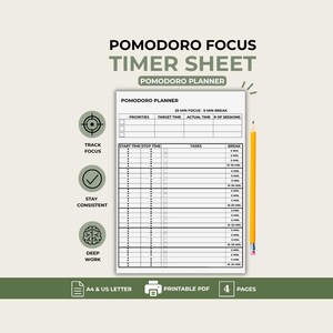 Pomodoro Study Planner Printable PDF, Focus Sprint Tracker, Deep Work Sessions, Time Blocking Worksheet