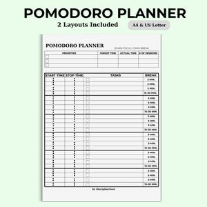 May include: A Pomodoro Planner with the title "POMODORO PLANNER" at the top. The planner includes sections for priorities, target time, actual time, and number of sessions. It also has a section for tasks and breaks, with a focus on 25-minute work intervals and 5-minute breaks.