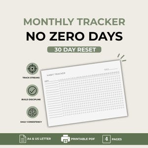 Op de afbeelding: Een witte, afdrukbare habit tracker met de tekst "MONTHLY TRACKER NO ZERO DAYS" en "30 DAY RESET". De tracker bevat secties voor het volgen van streaks, het opbouwen van discipline en dagelijkse consistentie. Het is beschikbaar in A4- en US Letter-formaten en is een afdrukbare PDF met 4 pagina's.