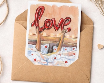 Akvarell alla hjärtans dag-kort Utskrivbart | Love Art Illustration |открытка акварель