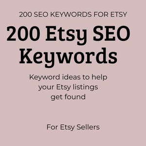 Könnte beinhalten: Auf hellrosa Hintergrund schwarzer Text: "200 SEO-SCHLÜSSELWÖRTER FÜR ETSY" und "200 Etsy SEO Keywords". Darunter steht "Schlüsselwort-Ideen, um Ihre Etsy-Listings zu finden" und "Für Etsy-Verkäufer".