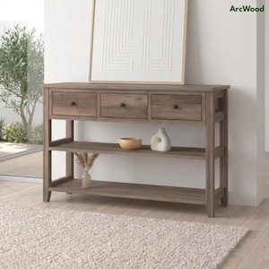 47" Console Table with 3 Drawers, 2 Open Shelves, Gray Wood Frame, Metal Legs