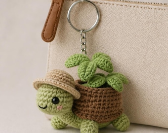 Crochet Turtle Planter Charm, Botanical Bag Ornament Gardener Tortoise Accessory