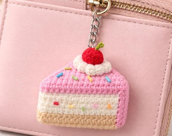 Crocheted Birthday Cake Slice Bag Charm, Miniature Dessert Keychain Cherry Topper
