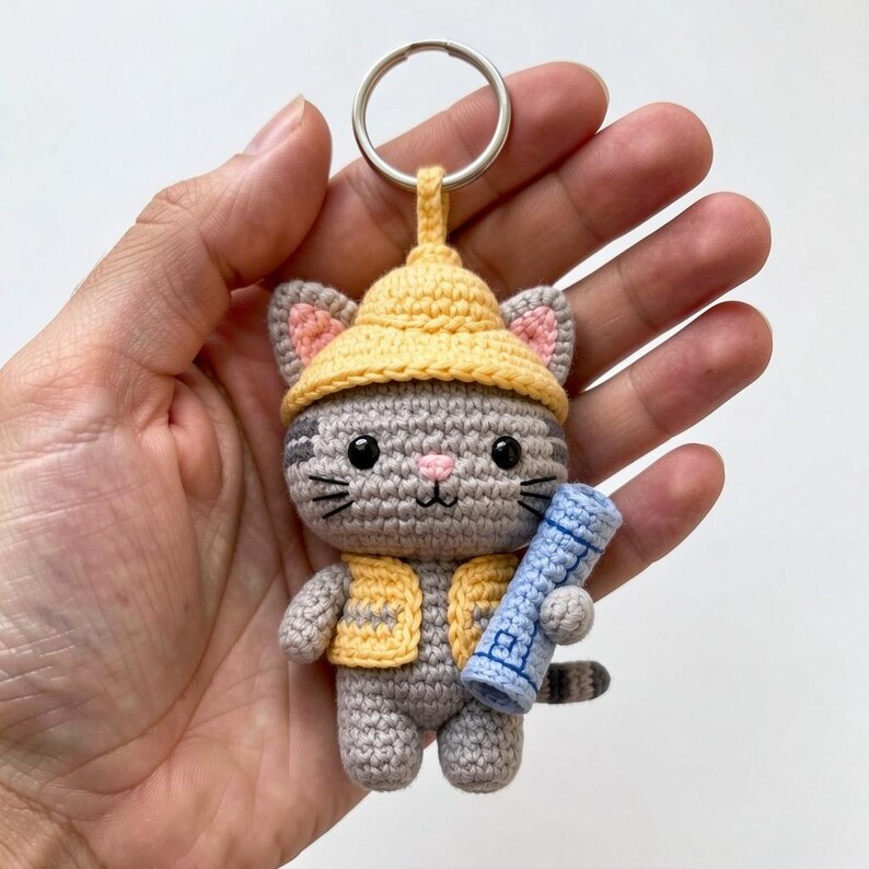 May include: Crocheted gray cat keychain wearing a yellow construction hat and vest, holding a blue blueprint. The cat has black whiskers, pink inner ears, and a striped tail. A silver key ring is attached to the hat.