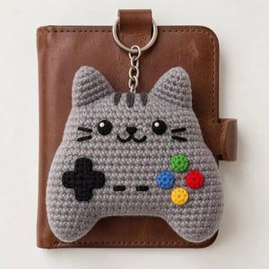 May include: A gray crochet keychain shaped like a video game controller with a cat face. The controller has a black cross, colored buttons, and a silver chain attached to a brown leather wallet.