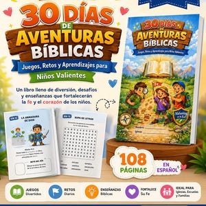 Puede incluir: Un libro de actividades para niños en español titulado "30 Días de Aventuras Bíblicas". La portada presenta ilustraciones de niños explorando, con el título del libro en letras grandes y coloridas. El libro incluye juegos, desafíos y lecciones, con 108 páginas.