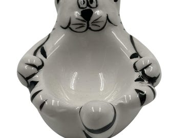 Porta-ovos de cerâmica em formato de gato – Porta-ovos fofo – Presente para amantes de gatos – Utensílio de mesa com tema animal – Porta-ovos preto e branco