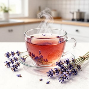 Könnte beinhalten: Eine klare Glastasse, gefüllt mit einer rot-violetten Flüssigkeit, vermutlich Tee, steht auf einer passenden Untertasse. Lavendelzweige und -knospen umgeben die Tasse. Dampf steigt vom Tee auf, was darauf hindeutet, dass er heiß ist. Der Hintergrund zeigt eine Küche.