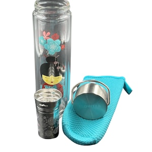 Theefles voor onderweg met infuser – Dubbelwandige glazen theefles – Theemaker voor losse thee – Draagbare theefles – Cadeau voor theeliefhebbers