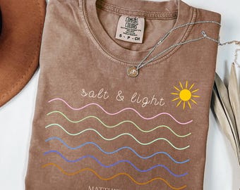 Zout en licht Boho christelijk comfort kleuren shirt bijbelvers Matteüs 5:13 schrift T-shirt christelijke vrouwen geloof gebaseerde kustgolf top