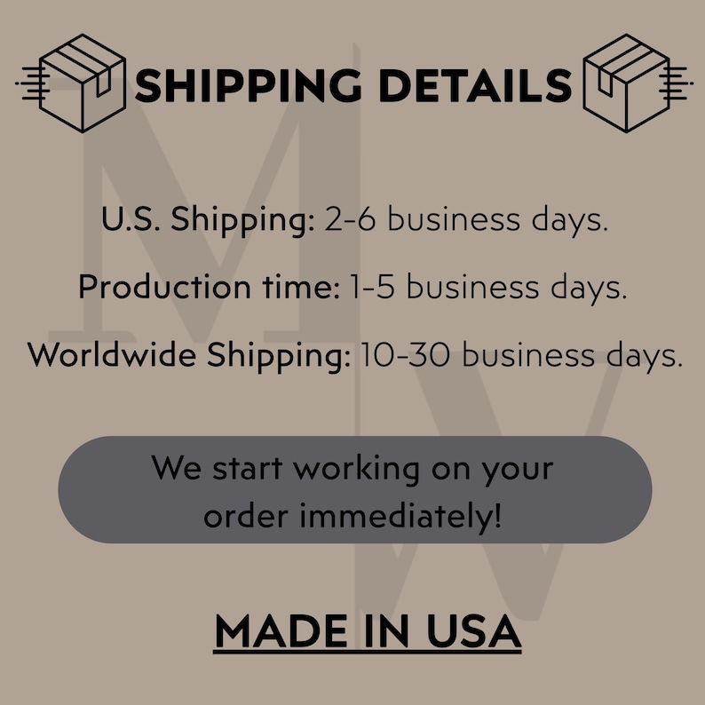 以下が含まれることがあります： 「SHIPPING DETAILS」と「MADE IN USA」のテキストが入ったグラフィック。テキストには、発送と生産時間の見積もりも含まれています。灰色の楕円には「We start working on your order immediately!」というテキストが入っています。
