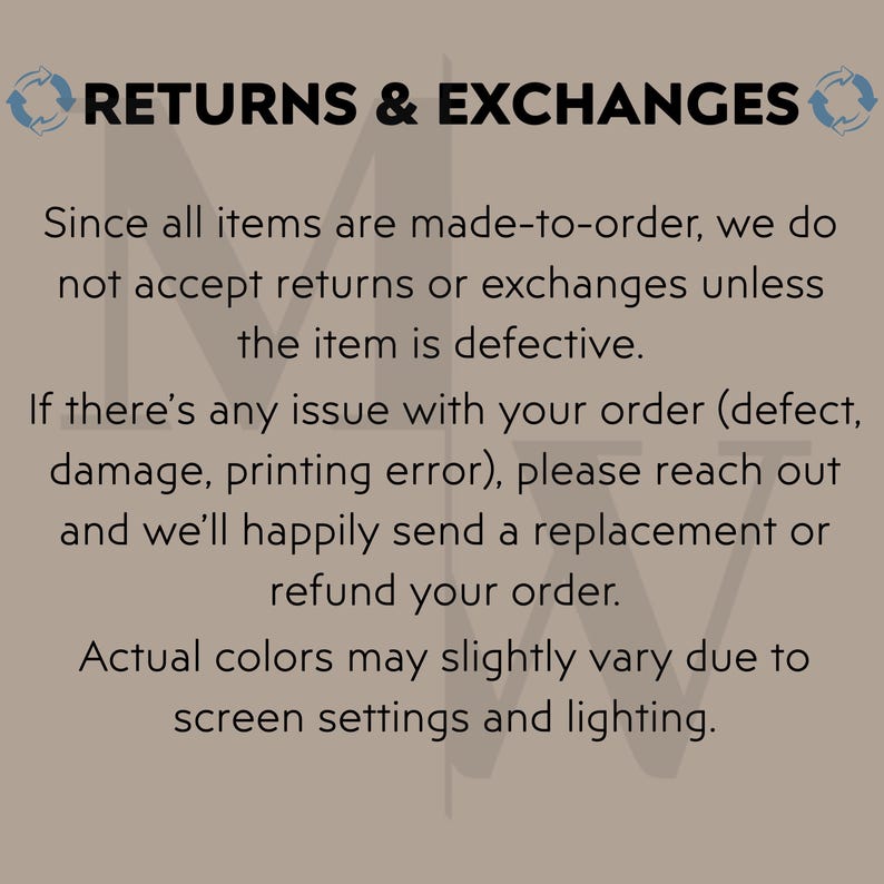 以下が含まれることがあります： ベージュ色のグラフィックで、黒色の「RETURNS & EXCHANGES」というテキストが表示されています。テキストは返品ポリシーを説明しています。商品に欠陥がない限り、返品や交換はできません。損傷や印刷エラーなどの問題については、お問い合わせください。